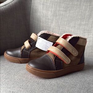 New with Tag Boys UGG Brown and Tan Boots with Durable Soles and Orange Accent